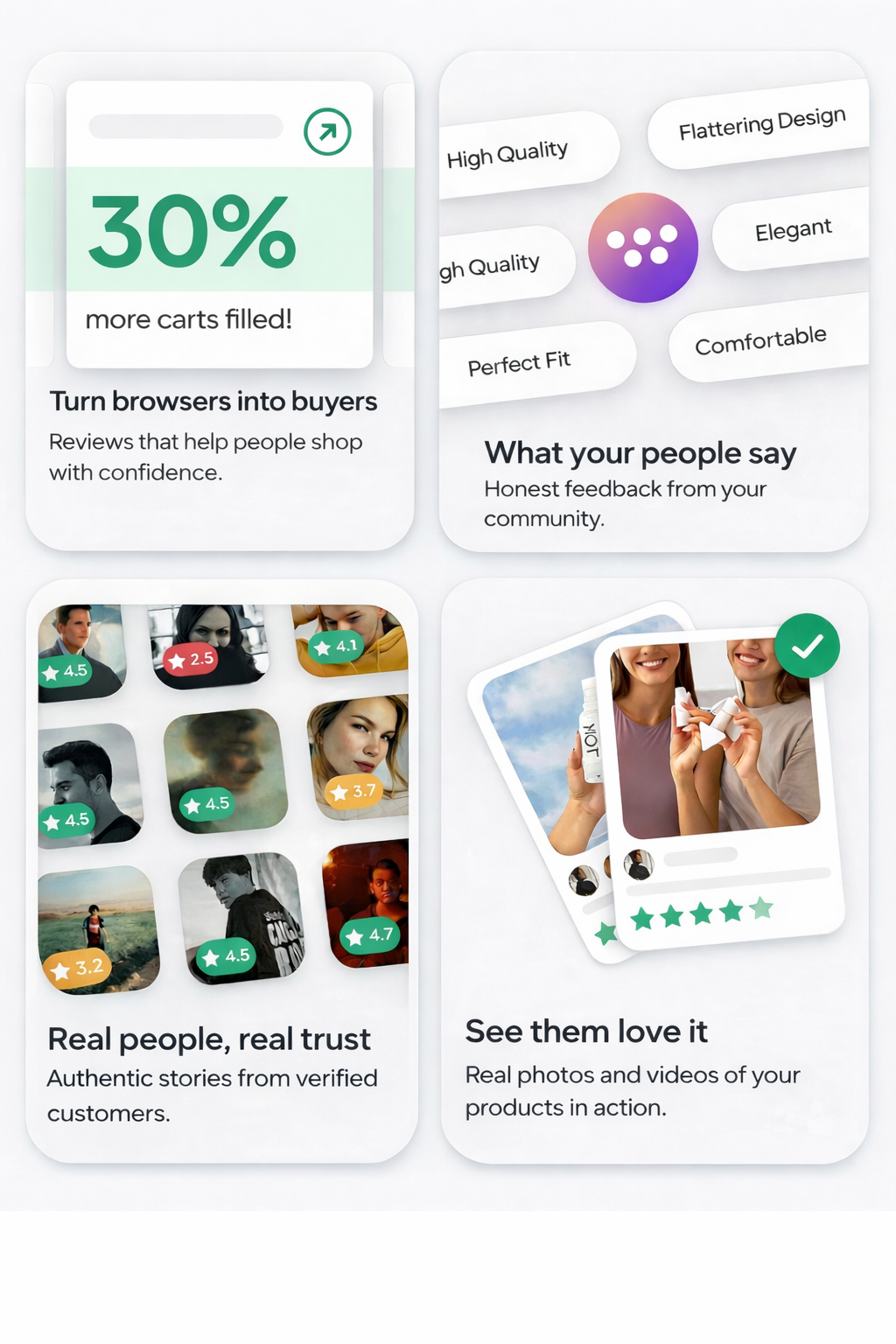 WordofMouth ecommerce trust widgets showing 30% 
more conversions, AI review summaries, verified customer 
photo reviews and UGC for Shopify D2C brands
